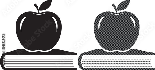 Two apples placed on top of books in a monochromatic illustration