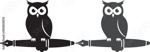 Two wise owls perched atop quill pens, symbolizing knowledge and writing