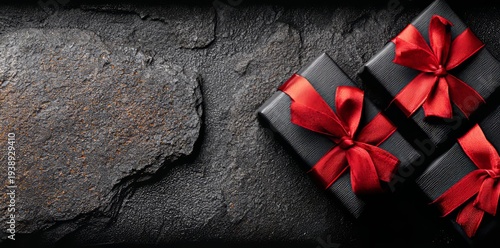 A sophisticated black gift box, decorated with a striking red ribbon, is placed on a dark, textured surface, imparting elegance and mystery