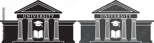 Architectural comparison of two classical building facades with columns and statues