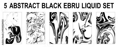 Monochrome marbled paper vector illustrations set. Black and white hand drawn backgrounds with liquid texture. Trendy ink brush paintings pack. Creative ebru stains swirl. Artistic surface blur