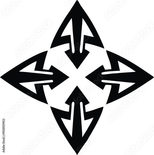 Black and white graphic of four arrows forming a symmetrical shape