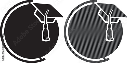 Graduation caps displayed on circular backgrounds with different textures.