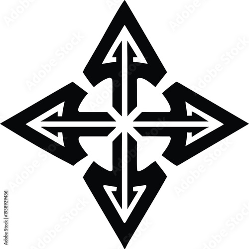 Black and white geometric design featuring four arrows pointing outwards