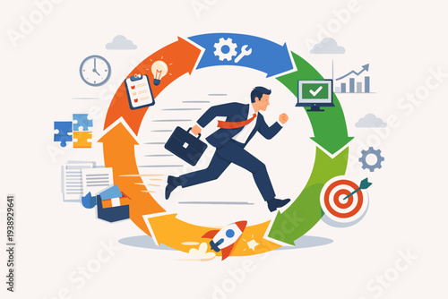 Agile methodology for business and software development, flexible workflow in modern company management. Businessman running in a circular process with icons for ideas, tools, goals, and launch.