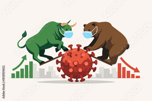 Bull and bear market during COVID-19 pandemic impact on global economy and stock market concept with green bull and brown bear wearing face masks on a coronavirus cell with financial charts.