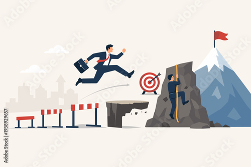 Business Challenge Concept with Businessman Jumping Over Hurdles and Climbing Mountain to Reach Success. Overcoming Obstacles, Achieving Goals, Career Growth, and Ambition Vector Illustration.