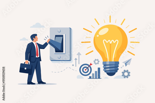 Businessman turning on a large light switch to ignite a bright light bulb, representing creative ideas, innovation, strategic solutions, and problem-solving for corporate success and growth.