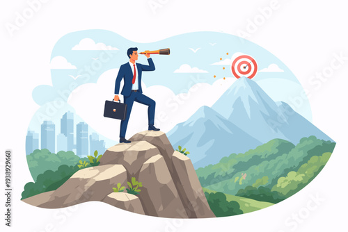 Businessman in suit with briefcase on mountain peak looking through telescope at target on distant summit, symbolizing business vision, career goals, future success, and strategic planning.