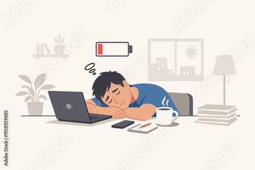 Tired Man Exhausted from Working at Home During COVID-19 Pandemic Quarantine, Burnout and Low Energy Concept with Low Battery Icon, Remote Work Stress, Fatigue, and Mental Health Illustration