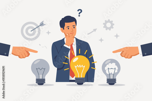 Professional Businessman Thinking to Select the Best Creative Idea or Opportunity Represented by a Glowing Light Bulb Among Others for Successful Business Strategy and Innovation Concept.