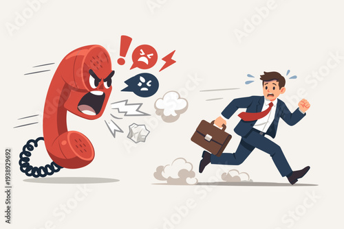 Angry Customer Complaint Concept with a Businessman Running Away from a Shouting Red Telephone Receiver, Representing Dissatisfaction, Stress, Bad Feedback, and Difficult Client Communication.