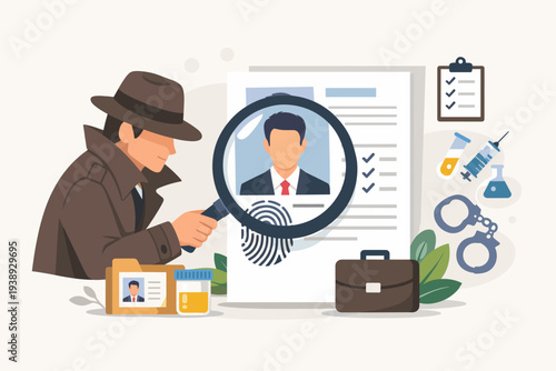 Pre-employment background check and screening concept with detective investigating candidate profile. Criminal record, drug testing, fingerprinting, and identity verification for recruitment.