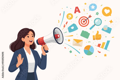 Professional woman using a megaphone to broadcast marketing icons including social media, analytics, and strategy symbols. Ideal for business communication, advertising, and digital promotion.