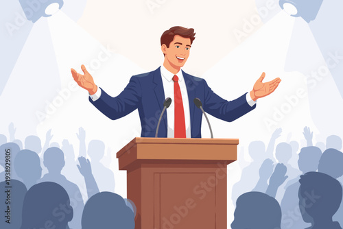 Confident Businessman or Politician Giving a Speech at a Lectern with Open Arms, Public Speaking and Leadership Concept, Motivational Speaker Addressing an Audience under Bright Spotlights.