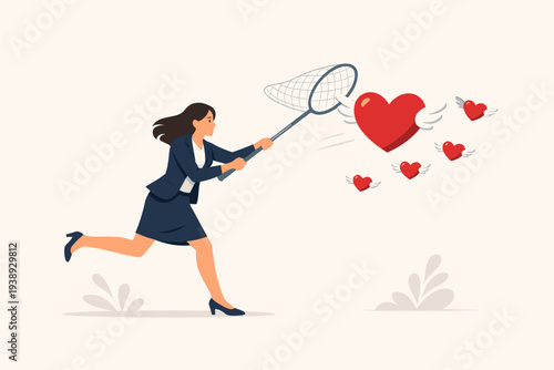 Businesswoman running with a butterfly net to catch flying hearts, concept of searching for passion, motivation, work inspiration, finding love, dating, romance, desire, and career fulfillment.