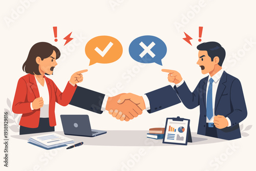 Business Professionals in Conflict and Collaboration Concept with Man and Woman Arguing While Shaking Hands, Representing Disagreement, Dissenting Opinions, Negotiation, and Compromise at Work
