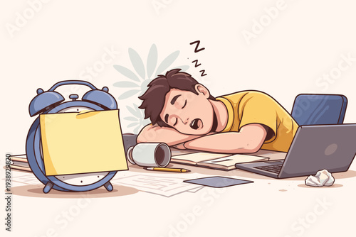 Tired Young Man Sleeping at Desk while Working or Studying, Procrastination and Laziness Concept with Alarm Clock, Sticky Note, Laptop, and Books, Unproductive Employee Postponing Tasks and Work