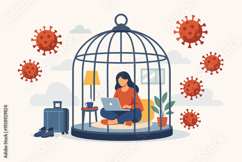 Woman Working on Laptop Inside a Large Birdcage for Self-Quarantine and Social Distancing During COVID-19 Pandemic. Travel Restrictions, Isolation, and Protection from Coronavirus Concept Vector.