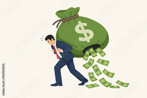 Businessman Carrying a Heavy Green Money Bag with a Hole Leaking Cash Banknotes, Concept of Financial Loss, Investment Mistake, High Taxes, Economic Crisis, Debt Burden, and Hidden Business Costs.
