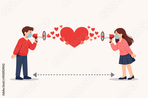 Valentine's Day Social Distancing Concept with Couple Wearing Face Masks and Using Megaphones to Shout Love Hearts While Keeping Safe Distance During COVID-19 Coronavirus Pandemic Illustration