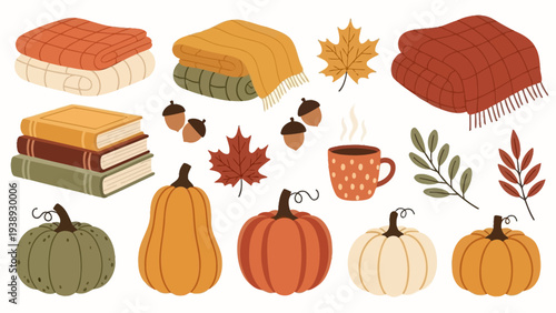 Cozy Autumn Elements: Blankets, Pumpkins, Acorns, Books, and Hot Drink
