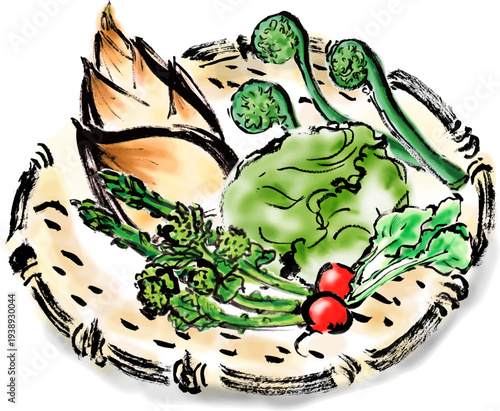 春野菜の籠盛りセット筆書き和風イラスト素材