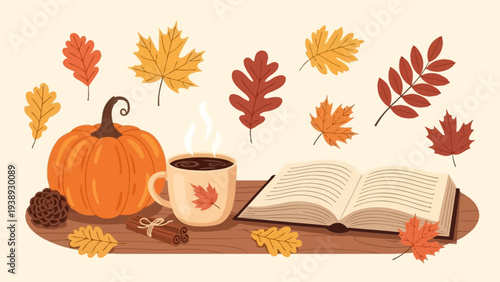 Autumn Cozy Scene: Pumpkin, Coffee, Book, and Falling Leaves