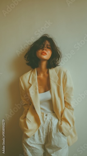 A young woman with shoulder-length hair, clad in a stylish blazer, maintains a calm and confident demeanor against a light background