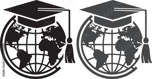 Graduation caps symbolizing global education and achievement together on a world map