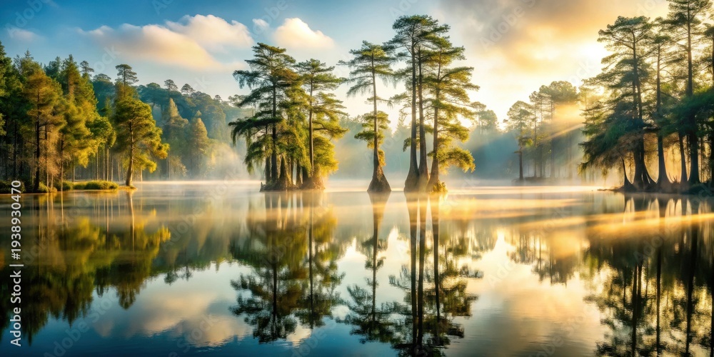Obraz premium Serene Sunrise Over Still Water, Reflecting Majestic Trees in a Misty Dawn