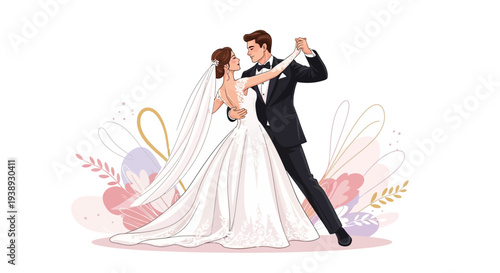 Elegant bride and groom dancing joyfully on their wedding day, celebrating their love with a romantic waltz surrounded by soft floral elements