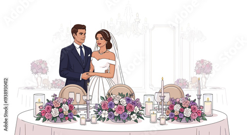 Wedding couple standing behind a decorated table with floral centerpieces and candles, anticipating their celebration