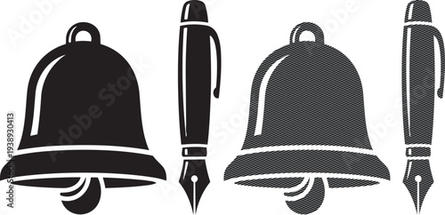 Vintage illustration of a bell and a quill pen with inkwell
