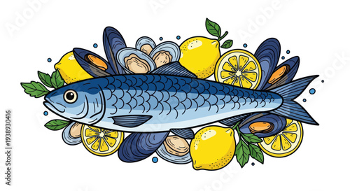 Fresh Sardine Fish with Lemon Slices and Mussels, Seafood Illustration