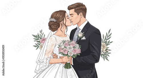 Romantic illustration of a happy bride and groom sharing a tender kiss on their wedding day, symbolizing eternal love and union