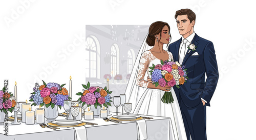 Elegant wedding couple with floral centerpiece, celebrating a special day with love and joy