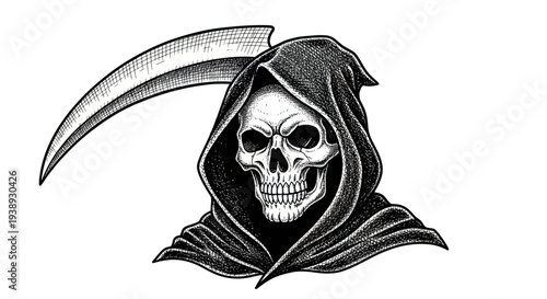 Grim Reaper with Scythe, Skull, Hooded Figure, Death Symbol, Tattoo Design