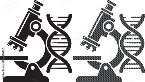 Microscopes observing intertwined strands of dna symbolizing genetic research and discovery
