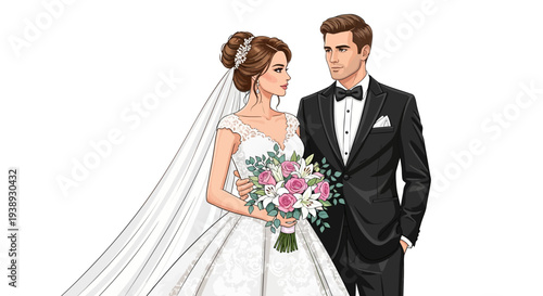 Elegant Illustrated Couple on Their Wedding Day A Loving Portrait of Commitment and Joyful Celebration in Formal Attire, Symbolizing Eternal Romance and a New Beginning