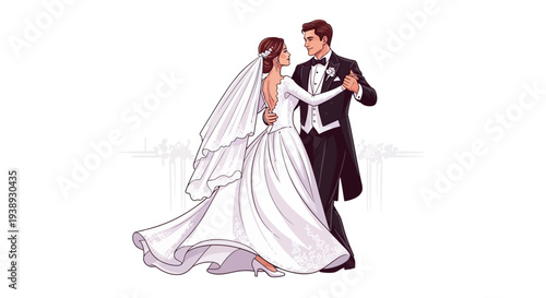 Elegant illustration of a newlywed couple gracefully dancing, celebrating their love and commitment on their wedding day, capturing a moment of joy and romance