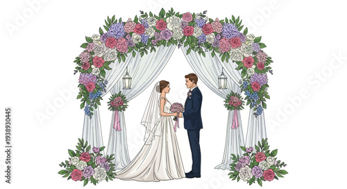 Elegant wedding ceremony illustration featuring a happy bride and groom exchanging vows under a beautiful floral arch, symbolizing love and commitment and new beginnings