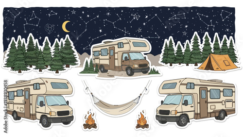 Camping Adventure: RVs, Tent, Hammock, Campfires Under Starry Night Sky