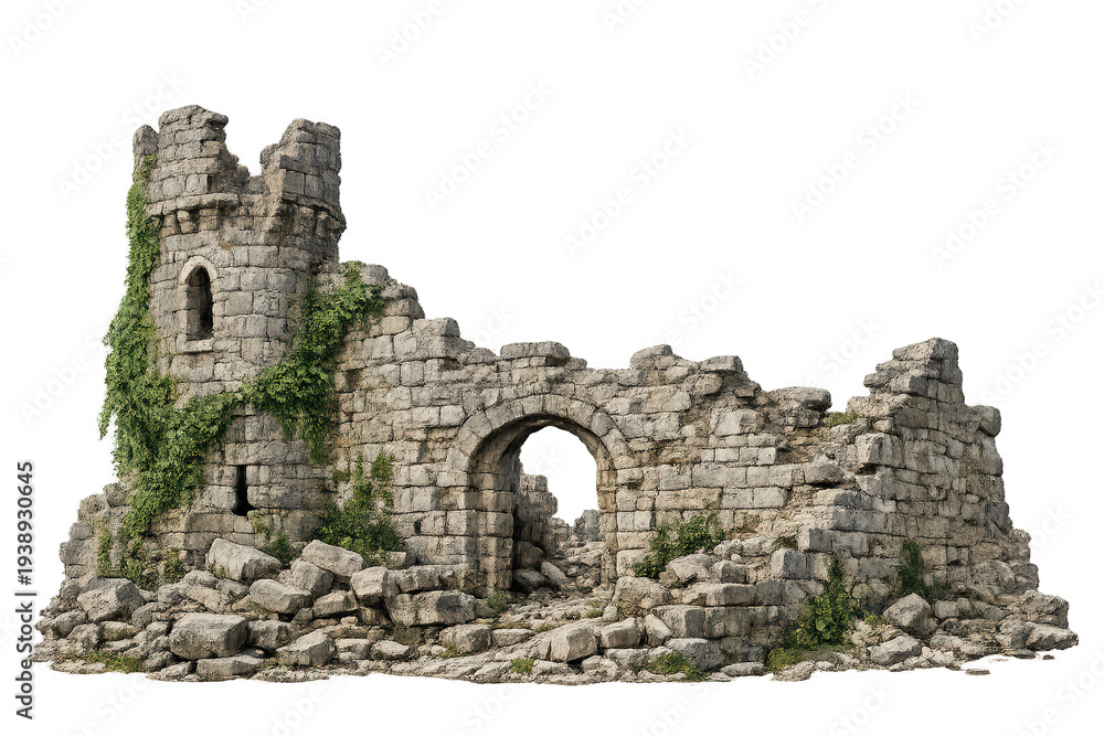 Obraz premium Ancient castle ruins historical stone fortress with medieval tower and crumbling archway, overgrown with green ivy, transparent background