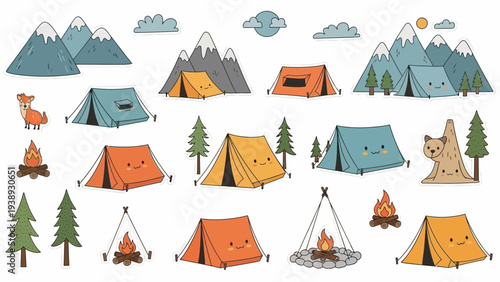 Cute Camping Elements: Tents, Mountains, Campfires, Fox, Bear