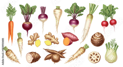 A vibrant assortment of root vegetables and tubers including carrots parsnips radishes sweet potatoes and ginger root