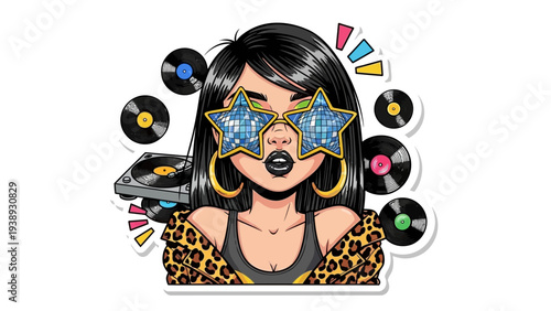 Glamorous Woman with Star Sunglasses and Vinyl Records, Disco Vibe