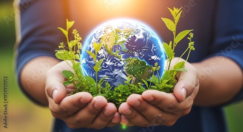 Hands holding globe with green plants and leaves eco friendly sustainability concept earth day