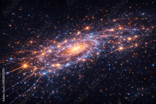Futuristic visualization of a spiral galaxy with glowing network connections symbolizing cosmic data flow, artificial intelligence and universal digital networks.