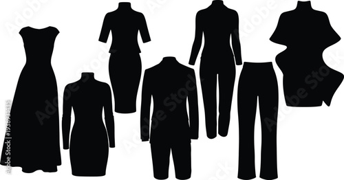 Collection of seven modern fashion silhouettes, black vector icons of elegant evening gowns, tailored suits, and stylish apparel isolated on white.